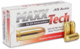 MAXX TECH 45ACP FMJ BOXER PRIMED 230GR  50RD/BOX 10 BOX PER CACSE
